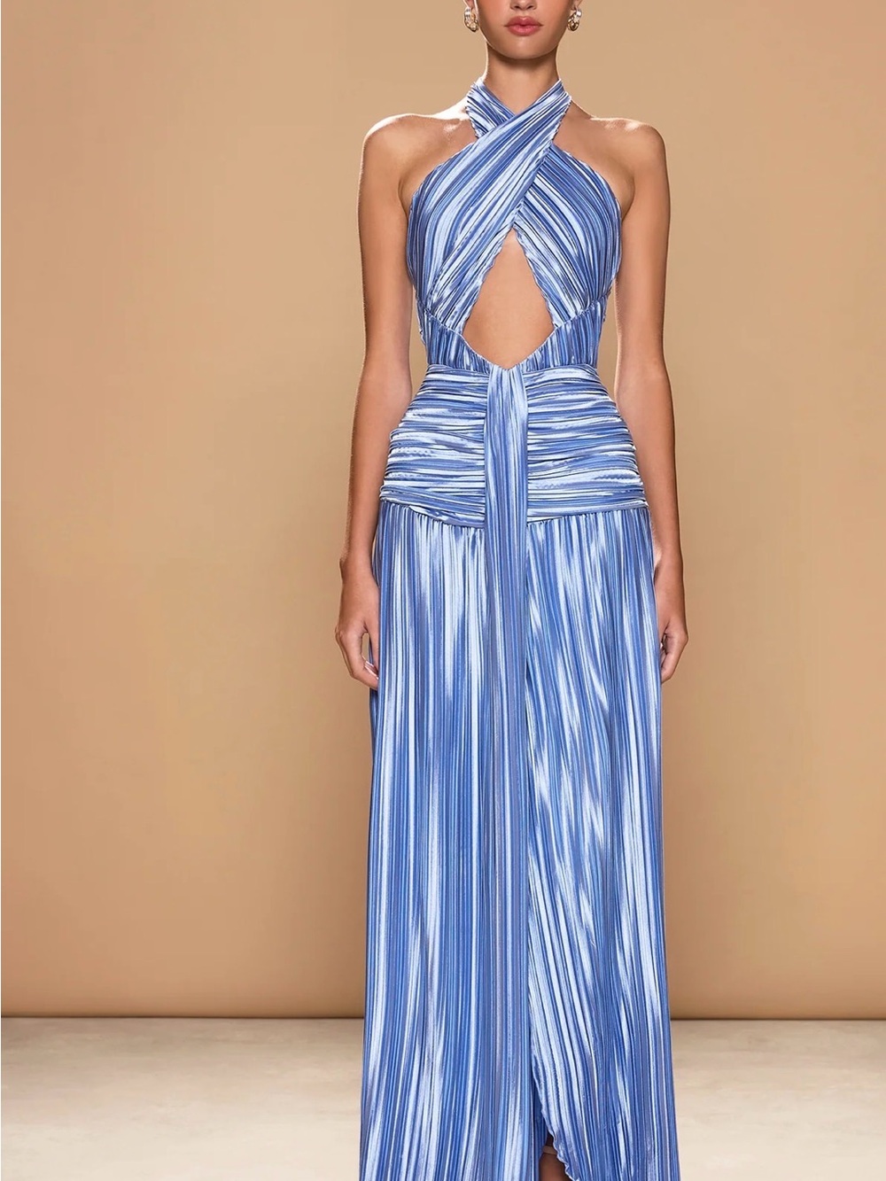 Sonya Moda Blue Striped Halter Maxi Dress